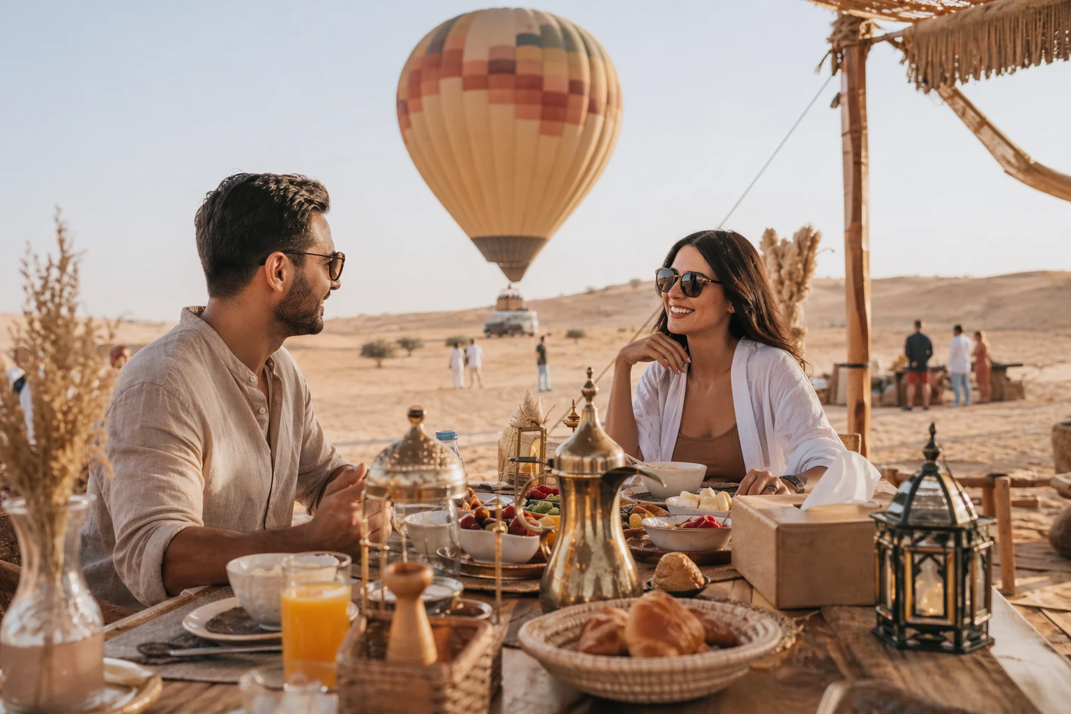 Gourmet breakfast at Bedouin-style desert camp after morning balloon flight