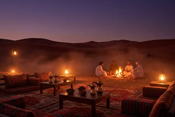 Evening safari camp with warm lantern glow and seating