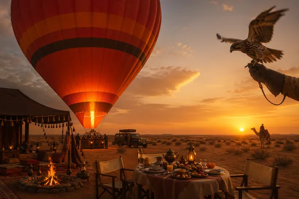 Deluxe sunrise hot air balloon flight with gourmet breakfast and falconry