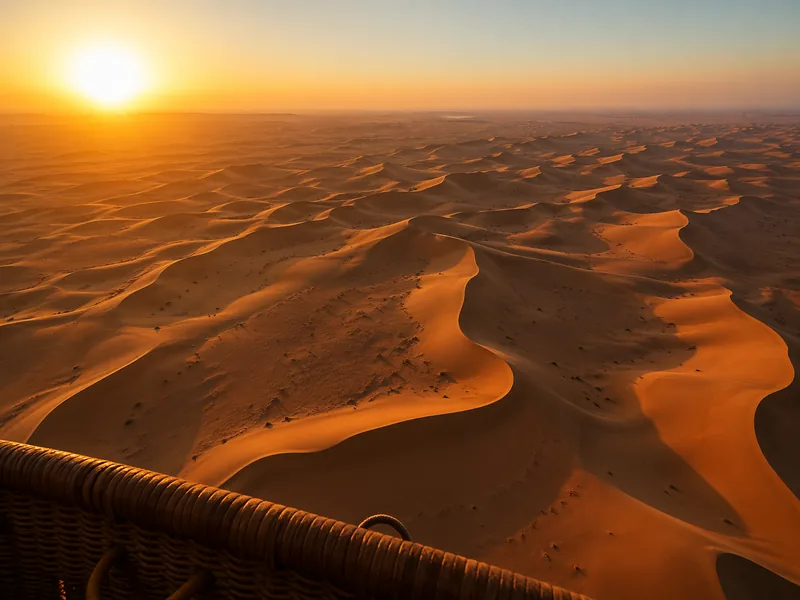 Hot air balloon lifting off over Dubai dunes at sunrise