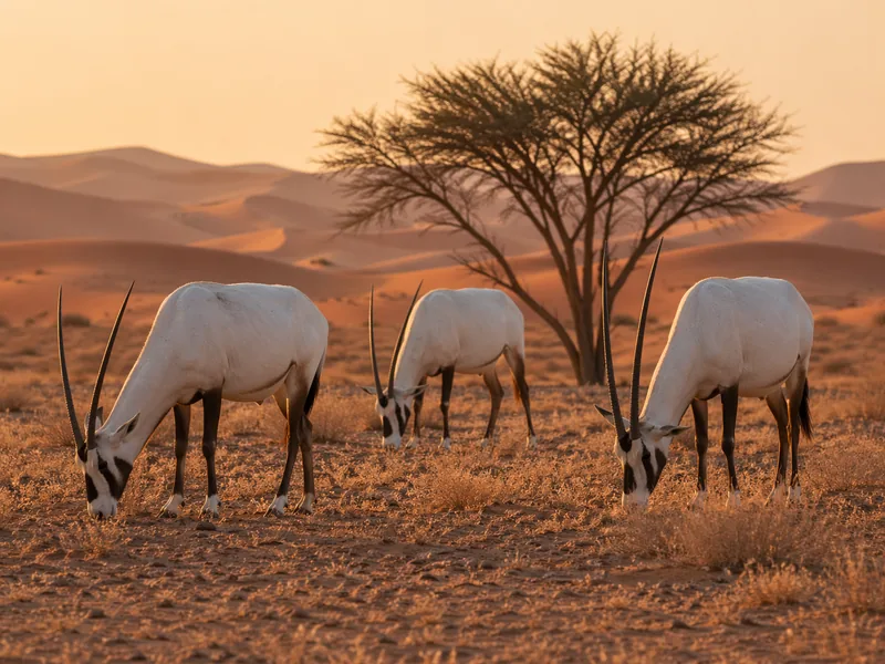 Protected Arabian oryx and gazelle in the Dubai desert reserve