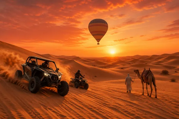 Premium hot air balloon flight with desert safari, dune bashing, and quad biking