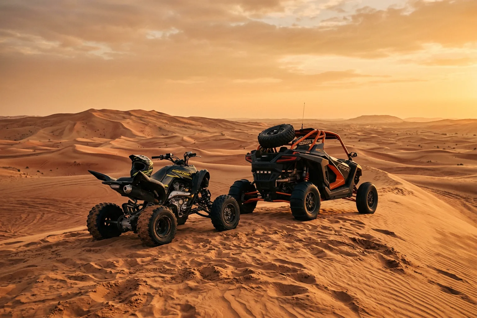Dune buggy drifting across open desert sand