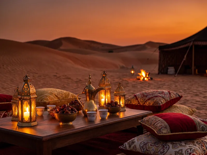 Evening Desert Safari Dubai camp and activities card
