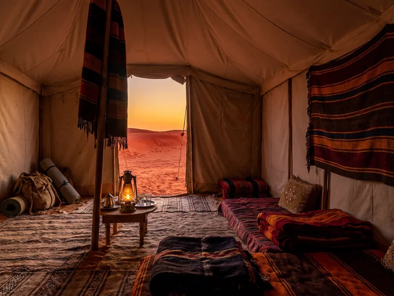 Overnight Desert Safari Dubai camp and activities card