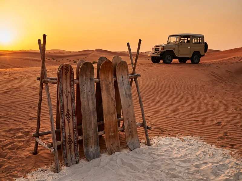 Sandboarding Desert Safari Dubai camp and activities card
