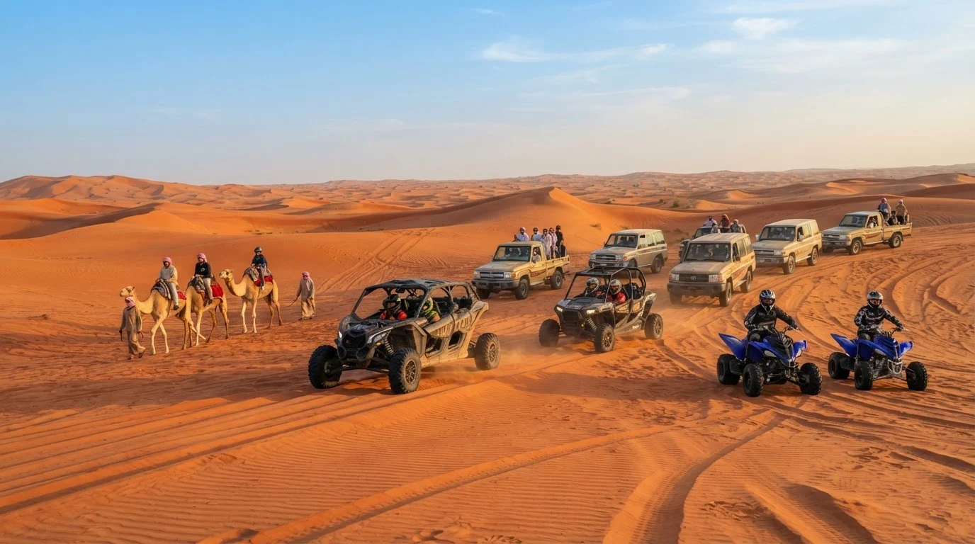 Tourists ride quad bikes, dune buggies, 4x4s, and camels across orange desert sand dunes under a sunny sky.
