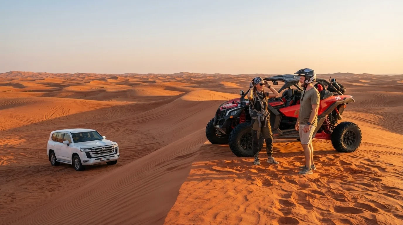 Travelers preparing for an off-road ride on a dune buggy Dubai with hotel pickup vehicle nearby in the desert.