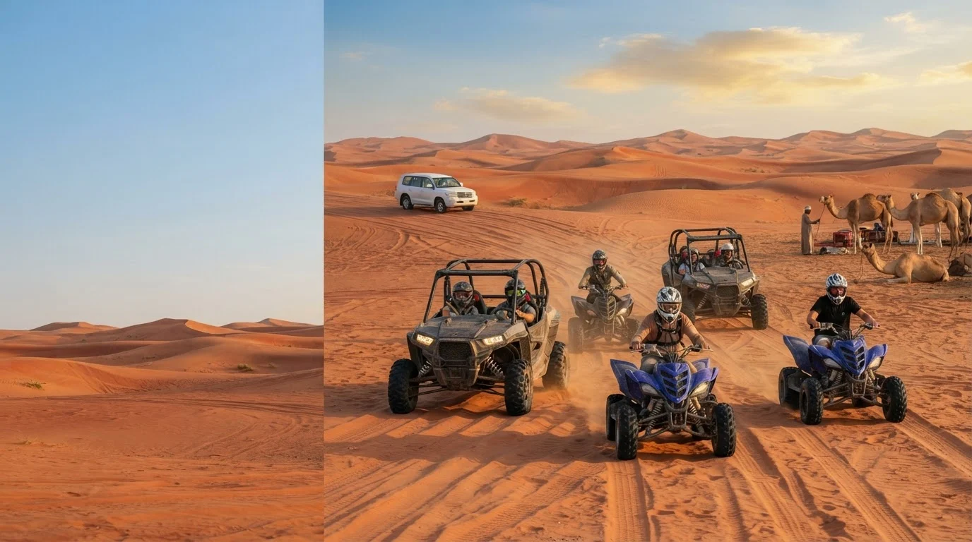 People driving quad bikes and buggies across desert sand dunes under warm sunlight.
