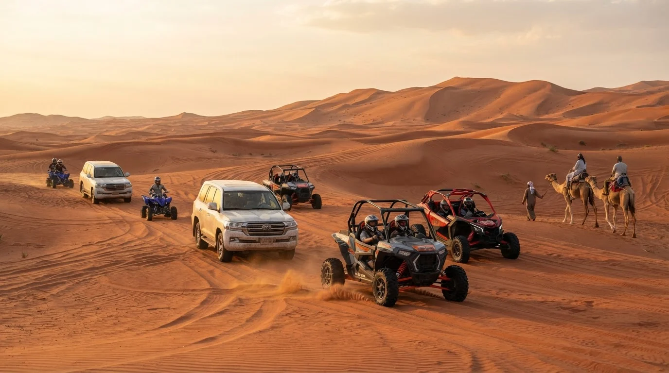 Dune buggies, quad bikes, SUVs, and camels traverse golden desert sand dunes under warm sunlight.