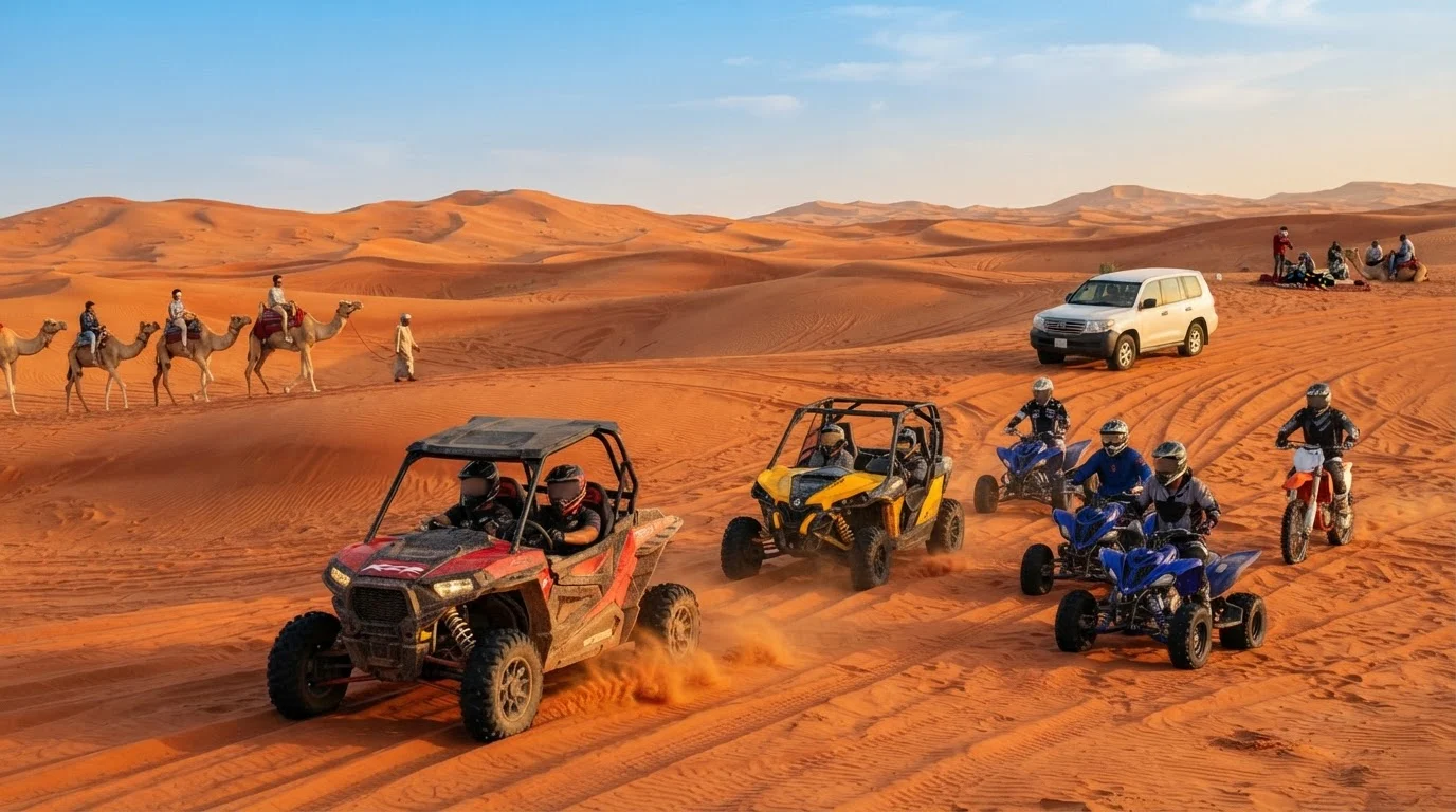 Off-road dune buggies, quad bikes, and a dirt bike driving across sunny red sand dunes in a desert.