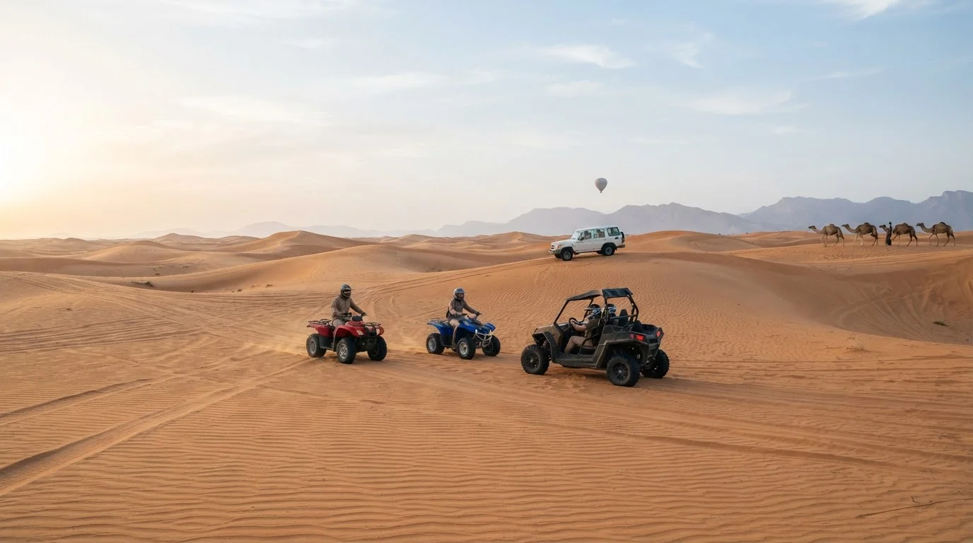 Helmeted riders on quad bikes and a buggy cross morning dunes, with a 4x4, a camel line and a balloon in the distance