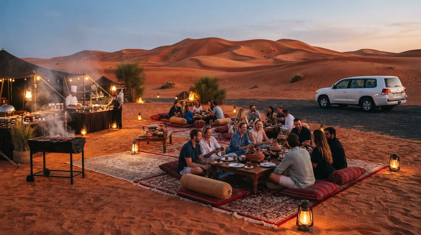Guests at low cushioned tables in a lantern-lit desert camp near Dubai, a barbecue grill smoking and a Land Cruiser behind
