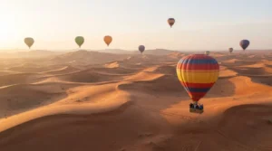 Colourful hot air balloons over red-orange sand dunes outside Dubai at sunrise, passengers in a wicker basket