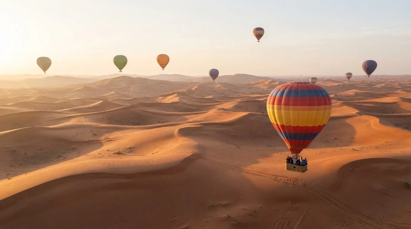 Colourful hot air balloons over red-orange sand dunes outside Dubai at sunrise, passengers in a wicker basket