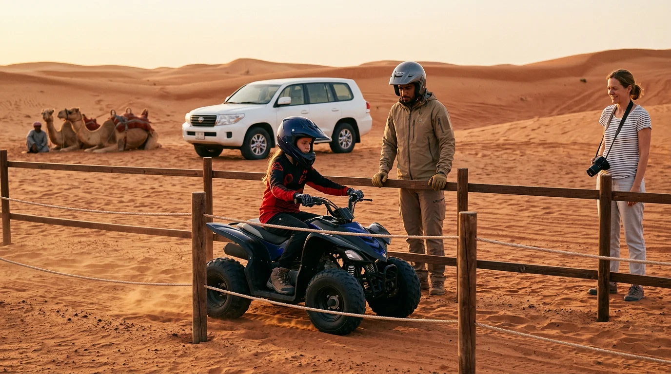 A helmeted child rides a small quad bike inside a fenced sand area as a guide and a parent watch, camels and a 4x4 behind