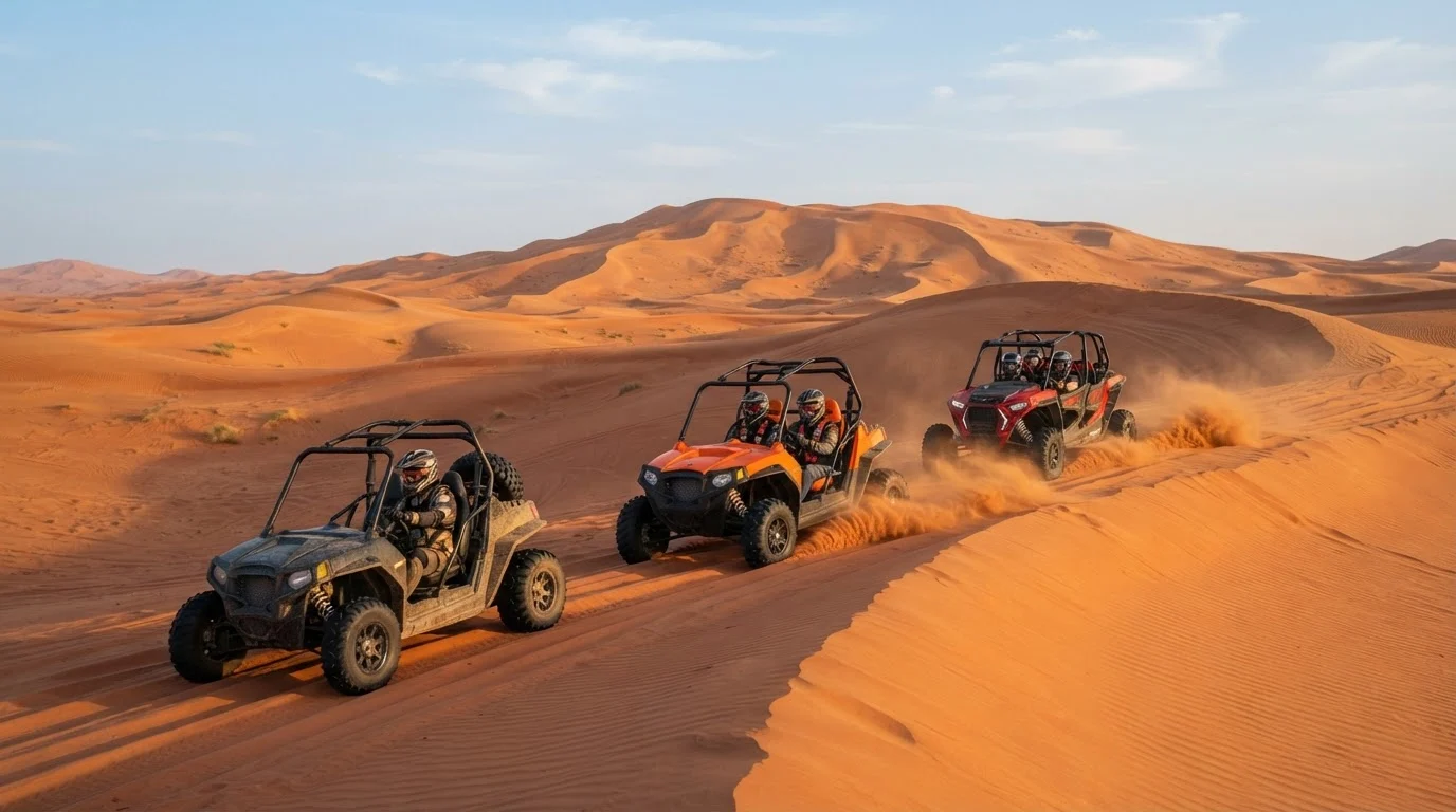 Helmeted drivers in three roll-cage dune buggies cross red sand dunes near Dubai in warm late afternoon light