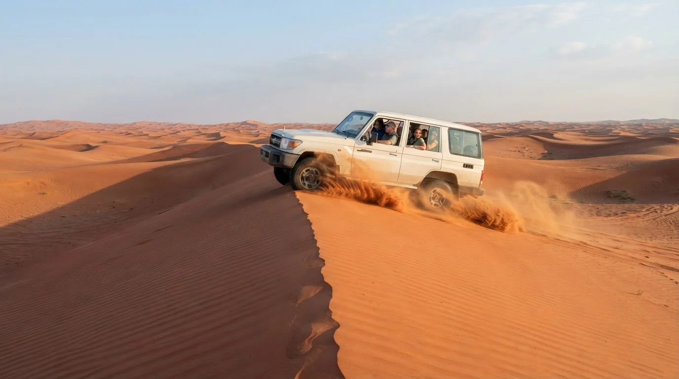 White Land Cruiser 4x4 with passengers driving along a red sand dune crest near Dubai in clear morning light