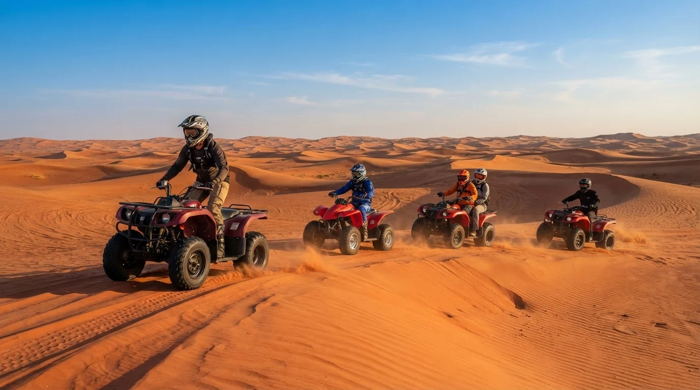 Five helmeted riders on red quad bikes, one carrying a passenger, cross red dunes near Dubai in warm light
