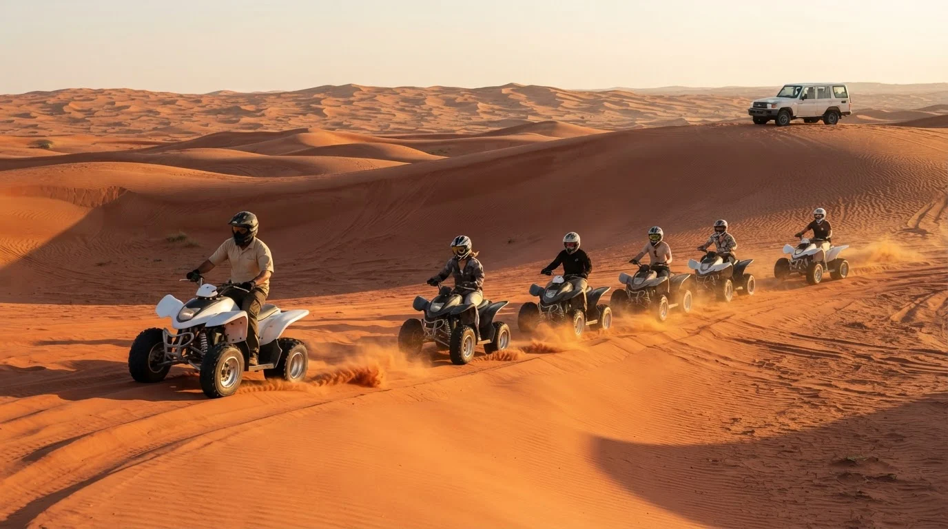 Helmeted riders on single-seat quad bikes follow a guide over red dunes near Dubai, a white Land Cruiser parked behind