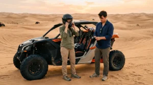 Travelers in protective gear and closed-toe shoes preparing for a ride, showcasing what to wear desert safari Dubai.